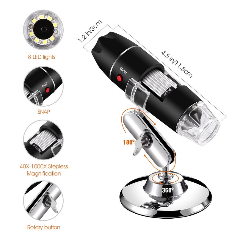 Bysameyee USB Microscope for Android/PC, 40-1000X Magnification Digital Microscope Camera Endoscope with 8 Adjustable LED Lights (Not Compatible with iPhone/iPad) - Image 3